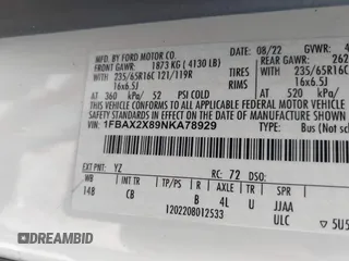 2022 Ford Transit Passenger XL with VIN 1FBAX2X89NKA78929, listed as a IAAI auction lot 42493797 with 35,885 mi miles and . Bid and sale history available at DreamBid. Image 9.