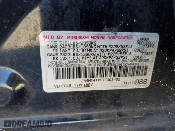 2007 Mitsubishi Outlander XLS with VIN JA4MT41X67Z003402, listed as a Copart auction lot 84522704 with 410,603 mi miles and Non Repairable. Bid and sale history available at carsss.com. Image 16.