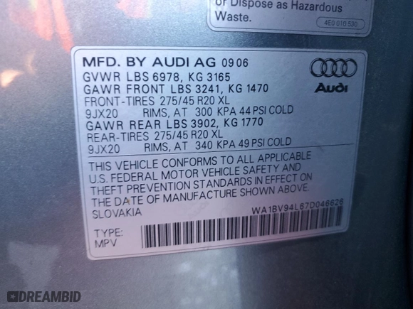 2007 Audi Q7 Premium with VIN WA1BV94L67D046626, listed as a Copart auction lot 82794274 with 196,023 mi miles and Salvage Title. Bid and sale history available at carsss.com. Image 16.