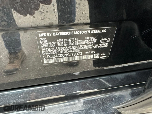 2022 BMW X5 M50i with VIN 5UXJU4C06N9J73373, listed as a Copart auction lot 43706345 with 108,320 mi miles and Clean Title. Bid and sale history available at carsss.com. Image 10.