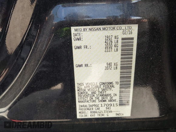 2016 Nissan Altima SR with VIN 1N4AL3AP9GC170915, listed as a IAAI auction lot 42116206 with 188,684 mi miles and . Bid and sale history available at DreamBid. Image 9.