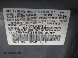 2011 Honda Pilot LX with VIN 5FNYF4H2XBB064209, listed as a IAAI auction lot 41779836 with 213,163 mi miles. Bid and sale history available at carsss.com. Image 9.