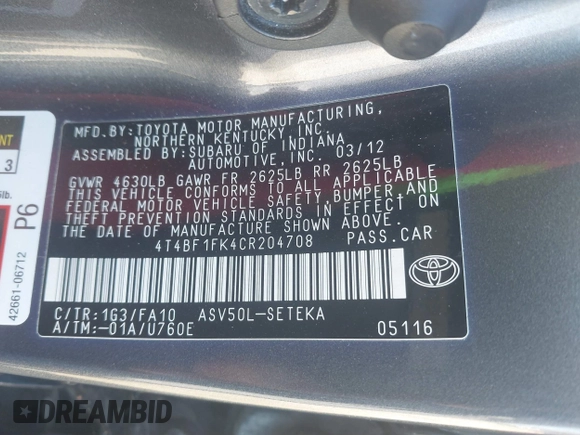 2012 Toyota Camry L with VIN 4T4BF1FK4CR204708, listed as a IAAI auction lot 41714433 with 197,794 mi miles. Bid and sale history available at carsss.com. Image 9.