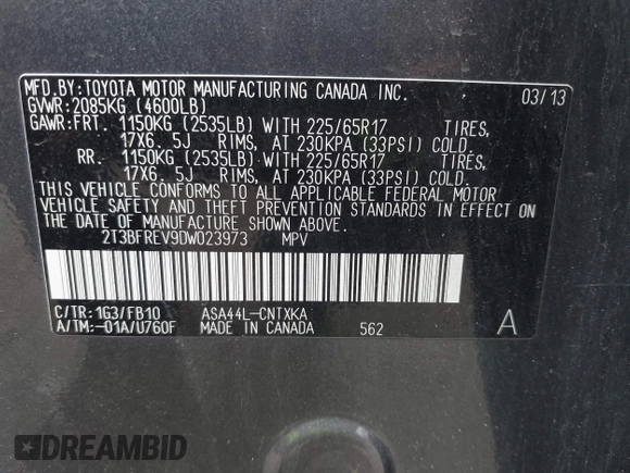 2013 Toyota RAV4 LE with VIN 2T3BFREV9DW023973, listed as a IAAI auction lot 42450510 with 129,574 mi miles and . Bid and sale history available at DreamBid. Image 9.