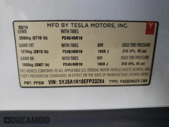2014 Tesla Model S 60 с VIN 5YJSA1H18EFP33284, выставлен на аукционе Copart как лот 57434905 с пробегом 156 750 миль миль и Списание • Salvage title. История ставок и продаж доступна на DreamBid. Изображение 12.