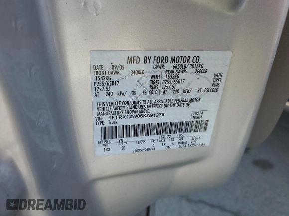 2006 Ford F-150 STX with VIN 1FTRX12W06KA91276, listed as a Copart auction lot 49901335 with 129,512 mi miles and Salvage Title. Bid and sale history available at carsss.com. Image 12.