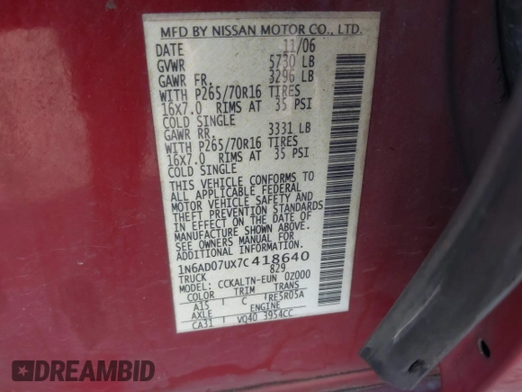 2007 Nissan Frontier SE z VIN 1N6AD07UX7C418640, wystawiony jako IAAI lot #42074654 z przebiegiem 302 031 mil mil oraz . Historia ofert i sprzedaży dostępna na DreamBid. Obrazek 9.