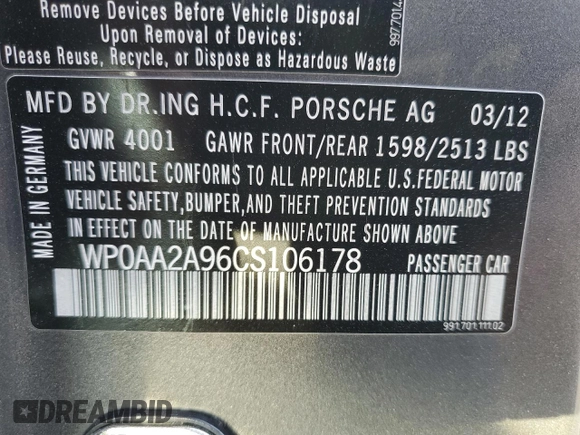 2012 Porsche 911 991 Carrera with VIN WP0AA2A96CS106178, listed as a Copart auction lot 44198105 with 50,971 mi miles and Salvage Title. Bid and sale history available at DreamBid. Image 12.
