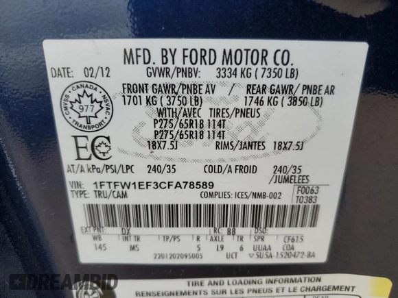 2012 Ford F-150 XL with VIN 1FTFW1EF3CFA78589, listed as a Copart auction lot 51981075 with 247,062 mi miles and Salvage Title. Bid and sale history available at carsss.com. Image 13.