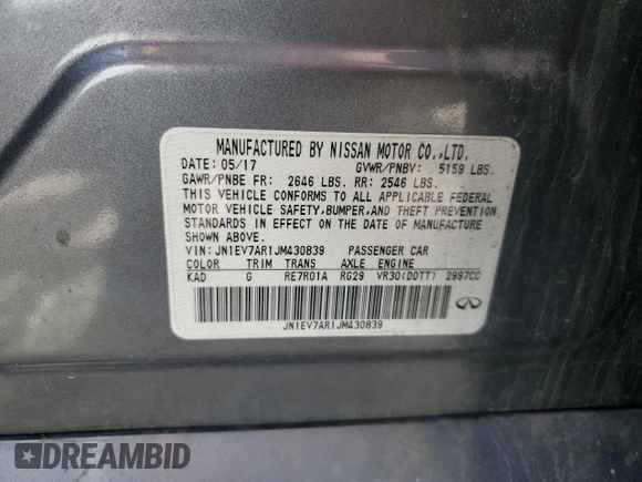 2018 Infiniti Q50 Luxe with VIN JN1EV7AR1JM430839, listed as a Copart auction lot 57727515 with 89,476 mi miles and Salvage title. Bid and sale history available at DreamBid. Image 12.