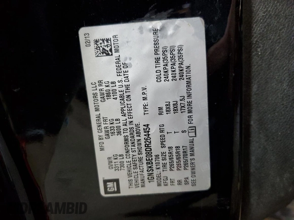2013 Chevrolet Tahoe LT z VIN 1GNSKBE08DR264454, wystawiony jako Copart lot #60296205 z przebiegiem 135 688 mil mil oraz Szkoda całkowita • Salvage title. Historia ofert i sprzedaży dostępna na DreamBid. Obrazek 14.