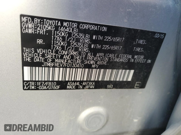 2015 Toyota RAV4 LE with VIN JTMBFREV7FD130410, listed as a Copart auction lot 88517215 with 143,361 mi miles and Salvage title. Bid and sale history available at DreamBid. Image 13.