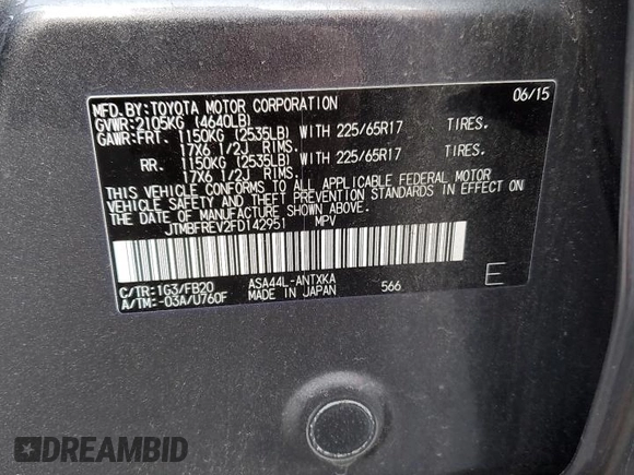 2015 Toyota RAV4 LE with VIN JTMBFREV2FD142951, listed as a Copart auction lot 46443175 with 127,249 mi miles and Salvage Title. Bid and sale history available at carsss.com. Image 13.