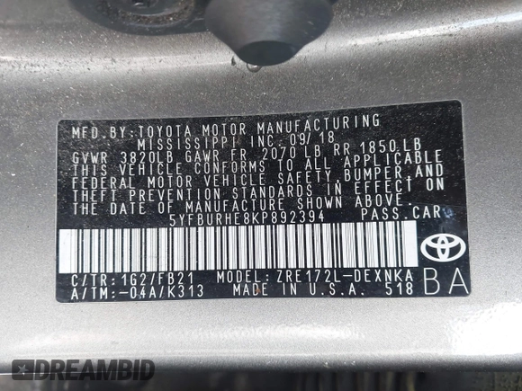 2019 Toyota Corolla L with VIN 5YFBURHE8KP892394, listed as a IAAI auction lot 41917095 with 89,073 mi miles. Bid and sale history available at carsss.com. Image 9.