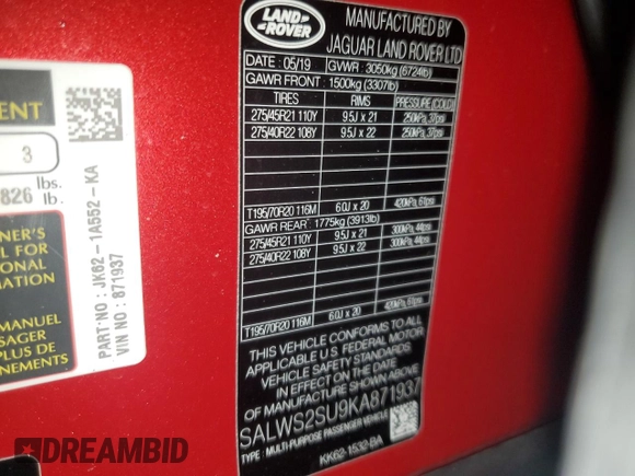 2019 Land Rover Range Rover Sport HST with VIN SALWS2SU9KA871937, listed as a Copart auction lot 59045735 with 63,852 mi miles and Salvage title. Bid and sale history available at DreamBid. Image 14.