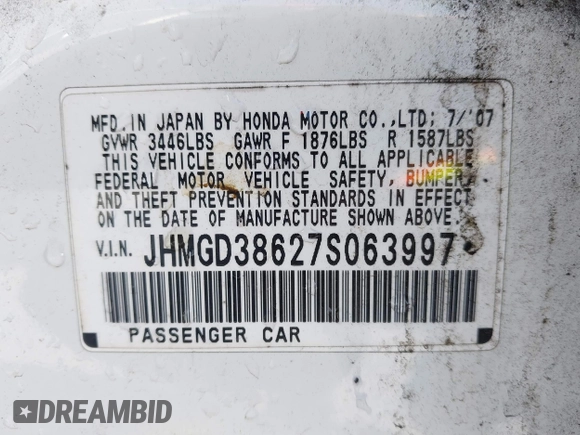 2007 Honda Fit Sport with VIN JHMGD38627S063997, listed as a IAAI auction lot 41847770 with 227,170 mi miles. Bid and sale history available at carsss.com. Image 9.
