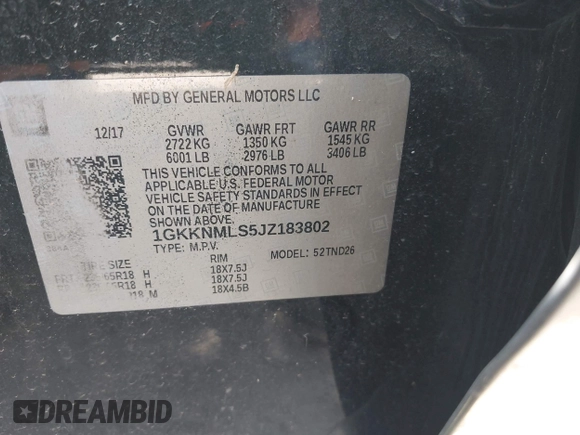 2018 GMC Acadia SLT with VIN 1GKKNMLS5JZ183802, listed as a IAAI auction lot 41995022 with 133,388 mi miles and . Bid and sale history available at carsss.com. Image 9.