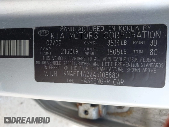 2010 Kia Forte LX with VIN KNAFT4A22A5108680, listed as a IAAI auction lot 42068889 with 77,329 mi miles. Bid and sale history available at carsss.com. Image 9.