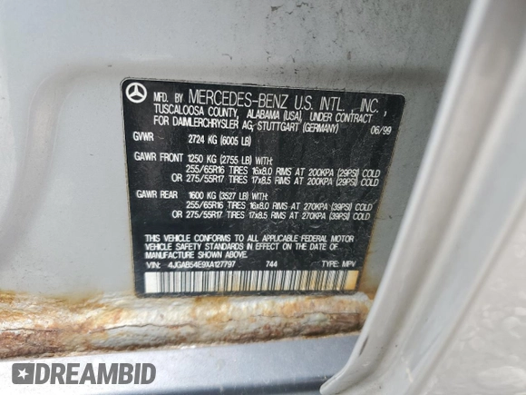 1999 Mercedes-Benz M 320/430/500 with VIN 4JGAB54E9XA127797, listed as a Copart auction lot 51408235 with 243,566 mi miles and Salvage title. Bid and sale history available at DreamBid. Image 13.