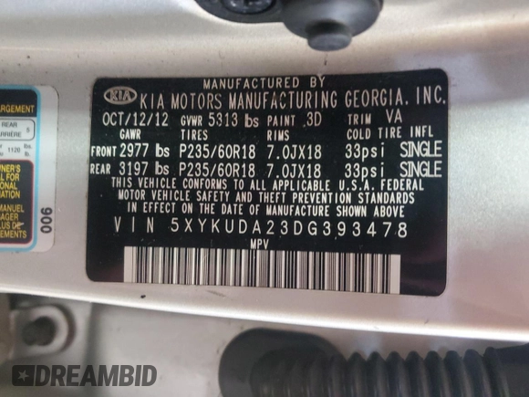 2013 Kia Sorento EX with VIN 5XYKUDA23DG393478, listed as a Copart auction lot 53973585 with 143,469 mi miles and Salvage Title. Bid and sale history available at carsss.com. Image 13.