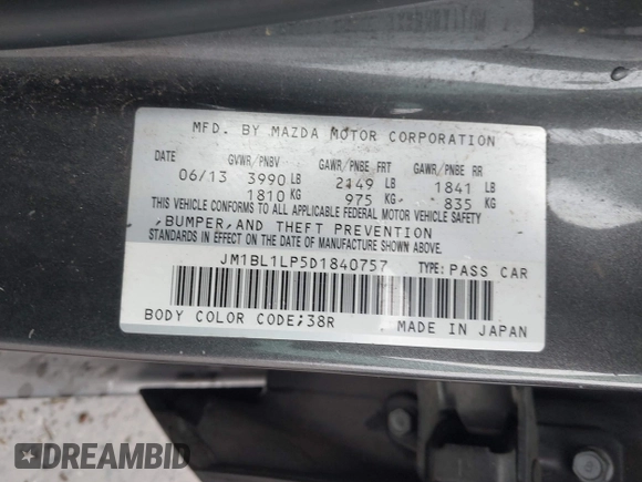 2013 Mazda 3 i Touring with VIN JM1BL1LP5D1840757, listed as a IAAI auction lot 41932440 with Not Provided miles and . Bid and sale history available at carsss.com. Image 9.