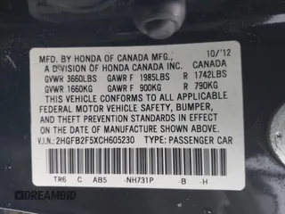 2012 Honda Civic LX with VIN 2HGFB2F5XCH605230, listed as a IAAI auction lot 41999663 with 221,815 mi miles and . Bid and sale history available at DreamBid. Image 9.
