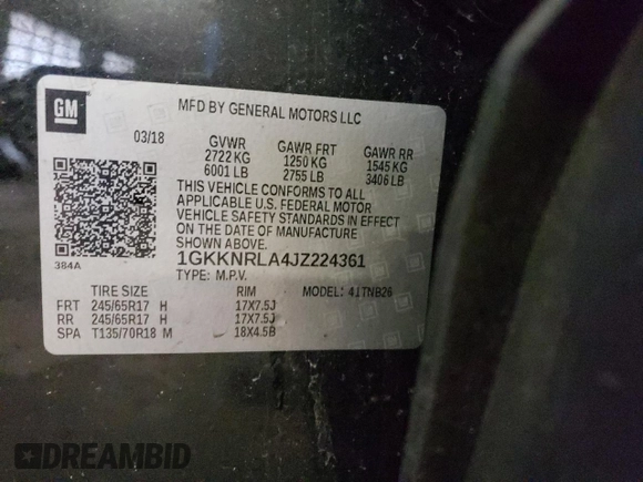 2018 GMC Acadia SLE with VIN 1GKKNRLA4JZ224361, listed as a Copart auction lot 46651134 with Not provided miles and Salvage title. Bid and sale history available at DreamBid. Image 12.