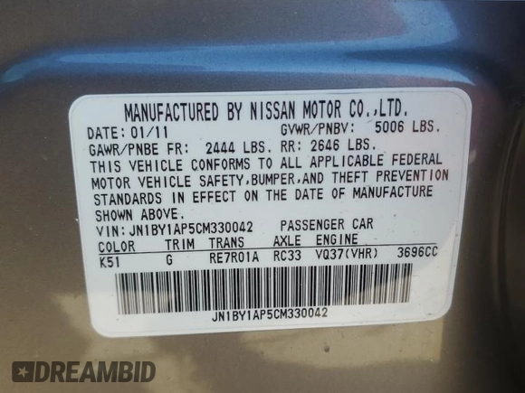 2012 Infiniti M37 with VIN JN1BY1AP5CM330042, listed as a Copart auction lot 79063354 with 63,148 mi miles and Salvage Title. Bid and sale history available at carsss.com. Image 12.