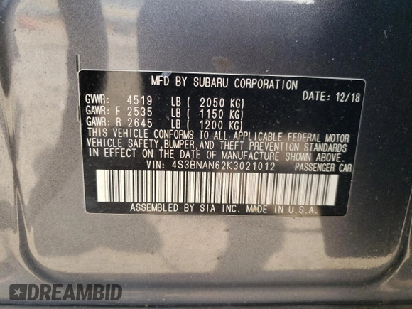 2019 Subaru Legacy Limited with VIN 4S3BNAN62K3021012, listed as a Copart auction lot 60406435 with Not provided miles and Salvage title. Bid and sale history available at DreamBid. Image 12.