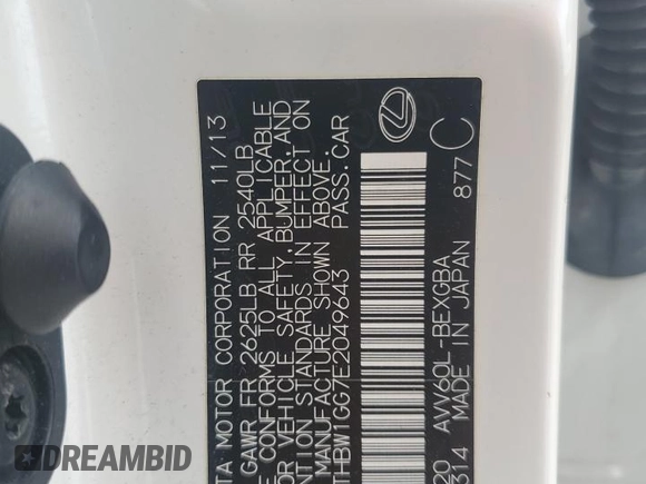 2014 Lexus ES 300h with VIN JTHBW1GG7E2049643, listed as a Copart auction lot 60874975 with 137,188 mi miles and Salvage title. Bid and sale history available at DreamBid. Image 12.