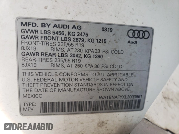 2020 Audi Q5 Premium Plus with VIN WA1BNAFYXL2003861, listed as a Copart auction lot 38804243 with 35,928 mi miles. Bid and sale history available at carsss.com. Image 12.