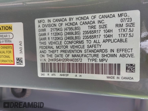 2024 Honda CR-V LX with VIN 2HKRS4H20RH403572, listed as a IAAI auction lot 41949988 with Not Provided miles and . Bid and sale history available at DreamBid. Image 9.