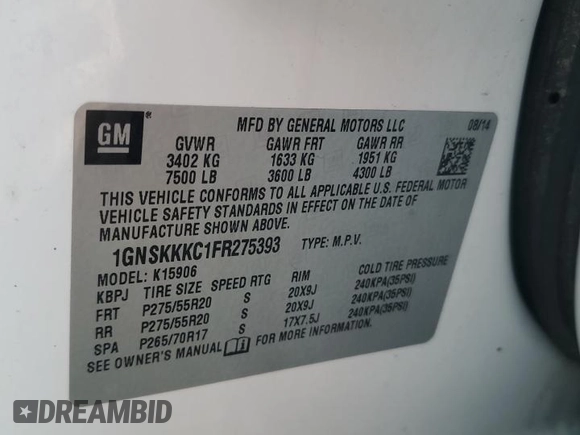 2015 Chevrolet Suburban LTZ with VIN 1GNSKKKC1FR275393, listed as a Copart auction lot 48349675 with 158,542 mi miles and Salvage Title. Bid and sale history available at carsss.com. Image 12.
