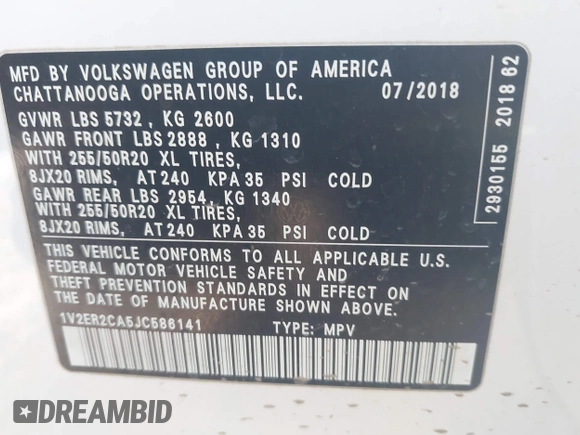 2018 Volkswagen Atlas SEL with VIN 1V2ER2CA5JC586141, listed as a IAAI auction lot 41637882 with 80,515 mi miles and . Bid and sale history available at DreamBid. Image 9.