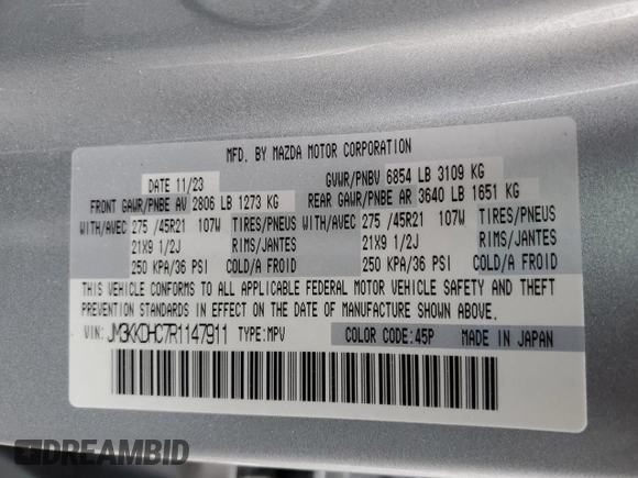 2024 Mazda CX-90 S Premium z VIN JM3KKDHC7R1147911, wystawiony jako Copart lot #83414044 z przebiegiem 11 220 mil mil oraz Szkoda całkowita • Salvage title. Historia ofert i sprzedaży dostępna na DreamBid. Obrazek 15.