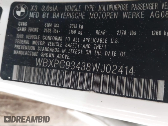 2008 BMW X3 3.0si with VIN WBXPC93438WJ02414, listed as a IAAI auction lot 42019361 with 175,326 mi miles and . Bid and sale history available at DreamBid. Image 9.