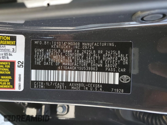 2025 Toyota Camry LE with VIN 4T1DAACK1SU539963, listed as a Copart auction lot 44530225 with 9,035 mi miles and Salvage Title. Bid and sale history available at DreamBid. Image 13.