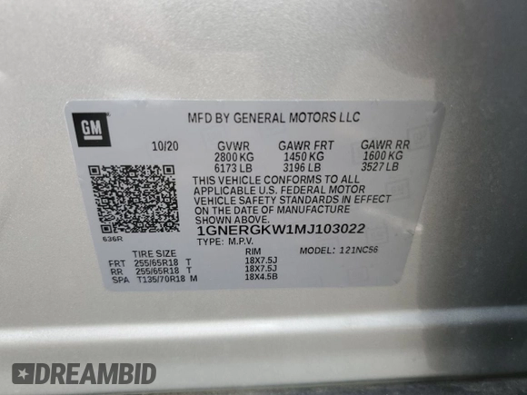 2021 Chevrolet Traverse LT Cloth with VIN 1GNERGKW1MJ103022, listed as a Copart auction lot 64139944 with 74,275 mi miles and Salvage Title. Bid and sale history available at carsss.com. Image 13.