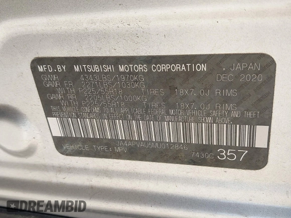 2021 Mitsubishi Outlander Sport SE with VIN JA4APVAU5MU012846, listed as a IAAI auction lot 41055582 with 1 mi miles. Bid and sale history available at carsss.com. Image 9.