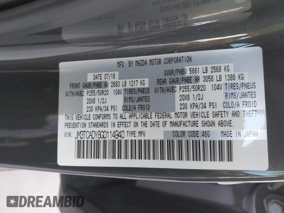2016 Mazda CX-9 Grand Touring with VIN JM3TCADY8G0114940, listed as a IAAI auction lot 40701187 with 112,311 mi miles and . Bid and sale history available at DreamBid. Image 9.