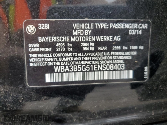 2014 BMW 3 Series 328i xDrive with VIN WBA3B5G51ENS08403, listed as a Copart auction lot 56773945 with 81,207 mi miles and Clean title. Bid and sale history available at DreamBid. Image 12.