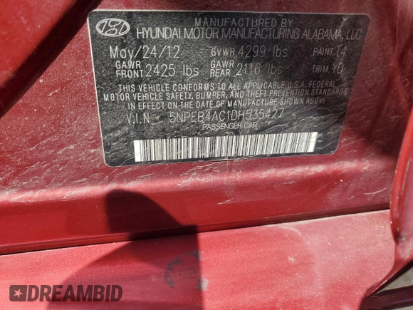 2013 Hyundai Sonata GLS z VIN 5NPEB4AC1DH535427, wystawiony jako Copart lot #54202555 z przebiegiem 125 878 mil mil oraz Szkoda całkowita • Salvage title. Historia ofert i sprzedaży dostępna na DreamBid. Obrazek 12.