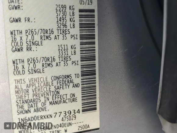 2019 Nissan Frontier SV z VIN 1N6AD0ERXKN773934, wystawiony jako Copart lot #58340765 z przebiegiem 122 546 mil mil oraz Szkoda całkowita • Salvage title. Historia ofert i sprzedaży dostępna na DreamBid. Obrazek 13.