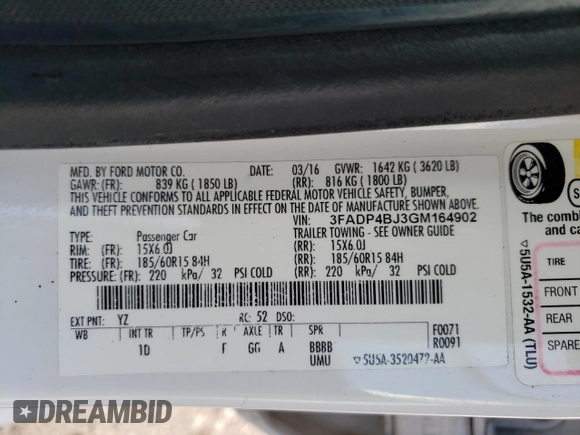 2016 Ford Fiesta SE with VIN 3FADP4BJ3GM164902, listed as a Copart auction lot 56651585 with 107,888 mi miles and Clean Title. Bid and sale history available at DreamBid. Image 12.
