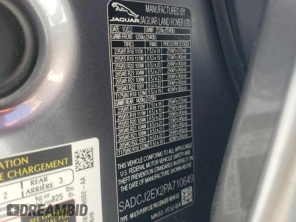 2023 Jaguar F-Pace S z VIN SADCJ2EX2PA710649, wystawiony jako Copart lot #51496615 z przebiegiem 26 357 mil mil oraz Szkoda całkowita • Salvage title. Historia ofert i sprzedaży dostępna na DreamBid. Obrazek 14.