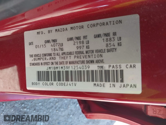 2015 Mazda 3 S Grand Touring with VIN JM1BM1M39F1254039, listed as a IAAI auction lot 41225054 with 87,597 mi miles and . Bid and sale history available at DreamBid. Image 9.