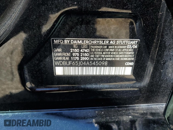 2004 Mercedes-Benz E 320 with VIN WDBUF65J04A545098, listed as a Copart auction lot 47854915 with 155,435 mi miles and Salvage Title. Bid and sale history available at carsss.com. Image 13.