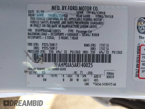 2010 Ford Fusion SEL with VIN 3FAHP0JA5AR140025, listed as a IAAI auction lot 41840878 with 89,300 mi miles. Bid and sale history available at carsss.com. Image 9.