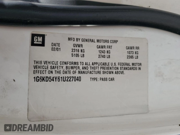 2001 Cadillac DeVille z VIN 1G6KD54Y61U227040, wystawiony jako Copart lot #46423295 z przebiegiem 180 289 mil mil oraz Szkoda całkowita • Salvage title. Historia ofert i sprzedaży dostępna na DreamBid. Obrazek 14.