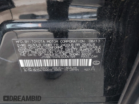 2014 Lexus IS 350 с VIN JTHBE1D2XE5005159, выставлен на аукционе IAAI как лот 41723948 с пробегом 105 405 миль миль и . История ставок и продаж доступна на DreamBid. Изображение 9.